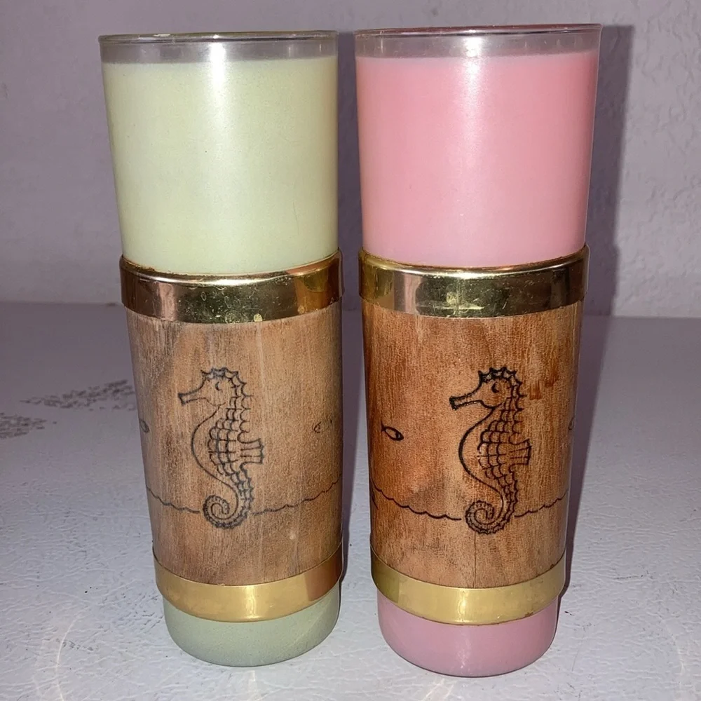 Libbey Palm Royale Tall MCM Frosted Glasses W/ Wood Tiki Bands Gold Pink Green